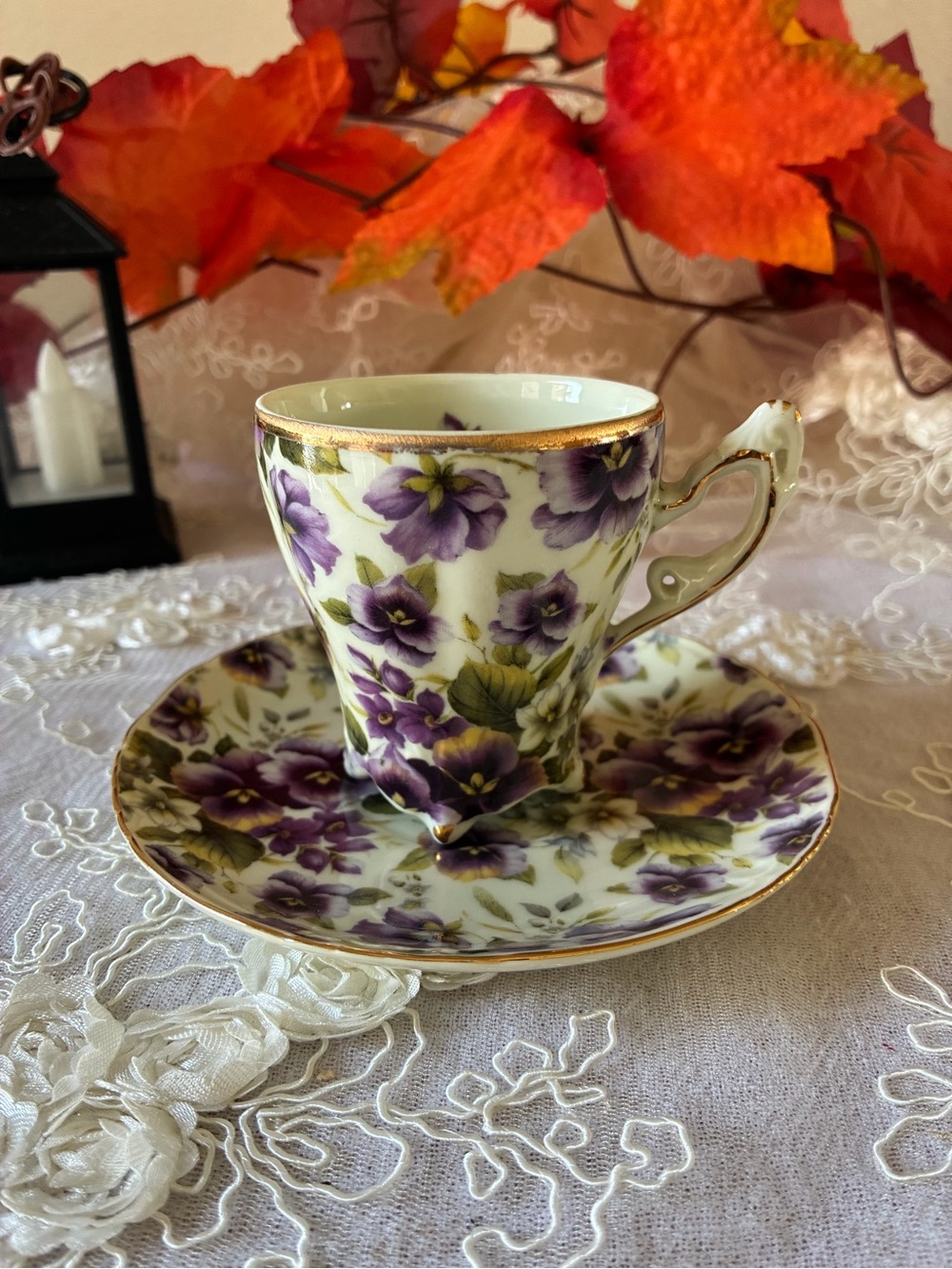 Purple Floral Porcelain Teacup and Saucer with Gold Trim